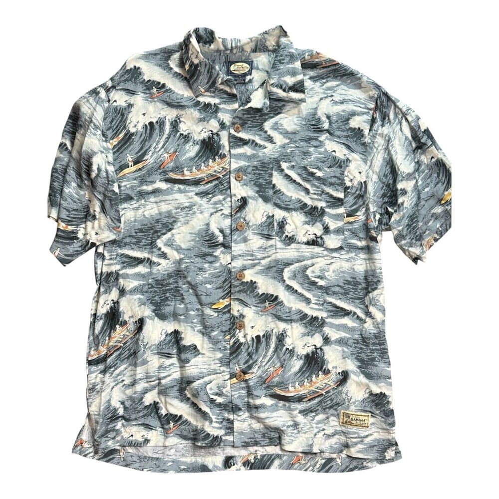 Vintage 90s Tommy Bahama Hawaiian‎ Shirt Surfing Waves Canoe Button Loop Rayon M